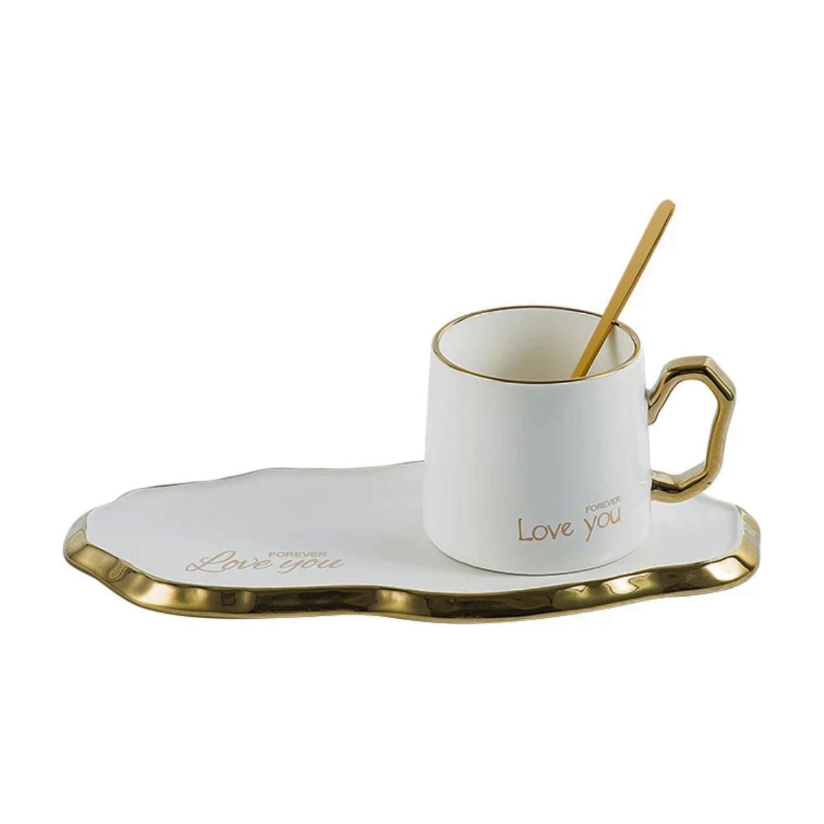Ensemble de soucoupe de tasse à café en céramique avec cuillère en or