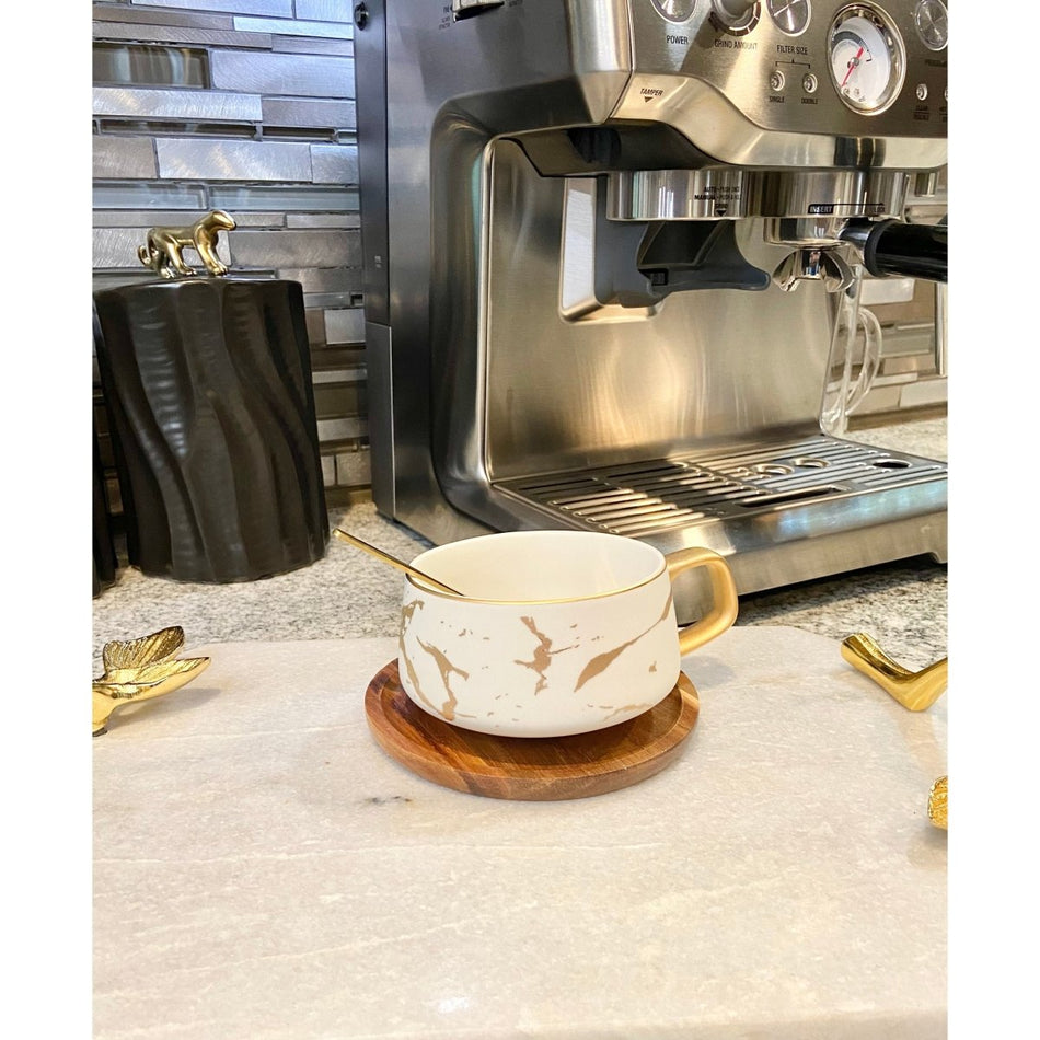 Ceramic Marble Cup with Stainless Steel Spoon & Wooden Saucer ...