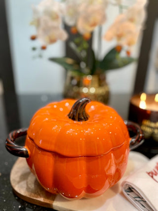 Ceramic Pumpkin Shaped Bowl With Lid - Double Handles - DesignedBy The Boss