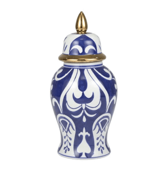 Ceramic Temple Ginger Jar White, Blue & Gold Accents - DesignedBy The Boss