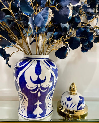 Ceramic Temple Ginger Jar White, Blue & Gold Accents - DesignedBy The Boss