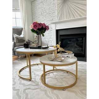 Faux Marble Top Accent Coffee Tables Set of 2 with Metal Iron Base - DesignedBy The Boss