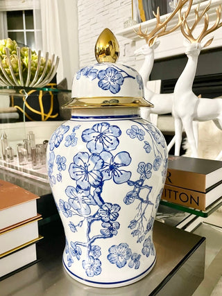 Hibiscus Blue and White Ceramic Temple Jar with Lid - Home Decor - DesignedBy The Boss