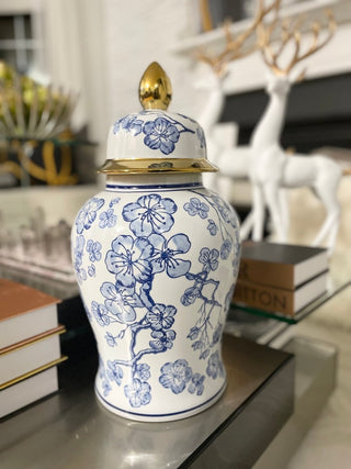 Hand Painted White And Gold Ceramic Ginger Jar