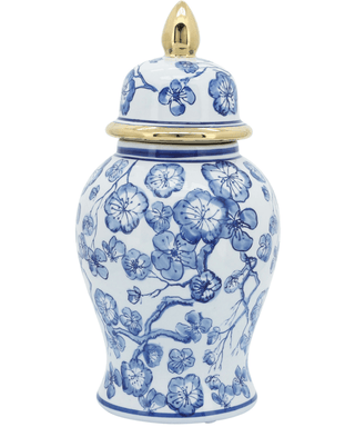 Hibiscus Blue and White Ceramic Temple Jar with Lid - Home Decor - DesignedBy The Boss