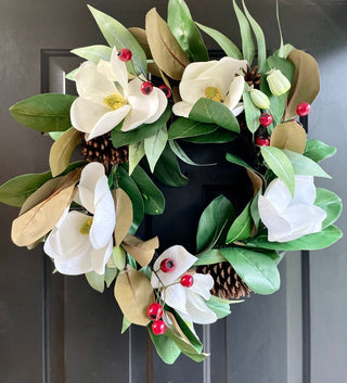 Magnolia Wreath With Blooms Flower, Pine And Berries For Front Door - DesignedBy The Boss