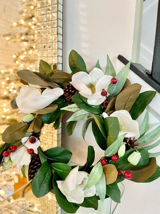 Magnolia Wreath With Blooms Flower, Pine And Berries For Front Door - DesignedBy The Boss