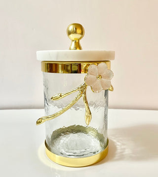 Marble & Gold Hammered Glass Canister With White Cherry Blossom Flower - DesignedBy The Boss