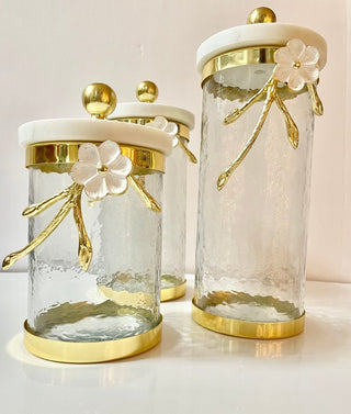 Marble & Gold Hammered Glass Canister With White Cherry Blossom Flower - DesignedBy The Boss