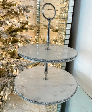 Marble Two Tiered Stand with Accent Silver - DesignedBy The Boss