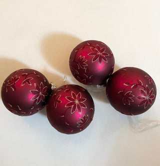 Matte Red Glass Ornament With Flower Detail (Set Of 4) - DesignedBy The Boss