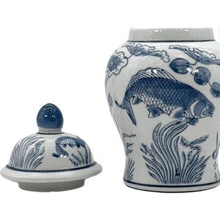 Mini Ceramic Ginger Jar with Lid (Slate Blue & White Koi) - DesignedBy The Boss