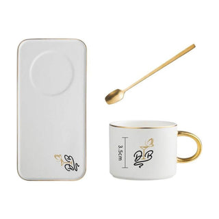 Porcelain Coffee Mug with Saucer and Golden Spoon with Gold Trim - DesignedBy The Boss