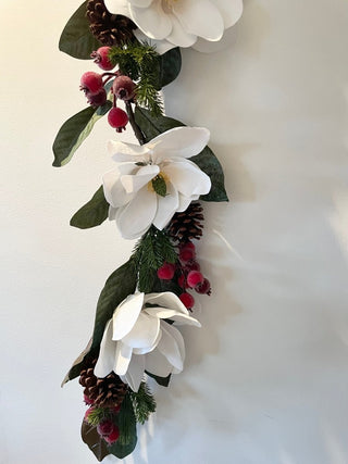 Real Touch Magnolia Flower With Pine/Berries Garland - DesignedBy The Boss
