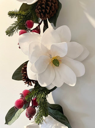 Real Touch Magnolia Flower With Pine/Berries Garland - DesignedBy The Boss