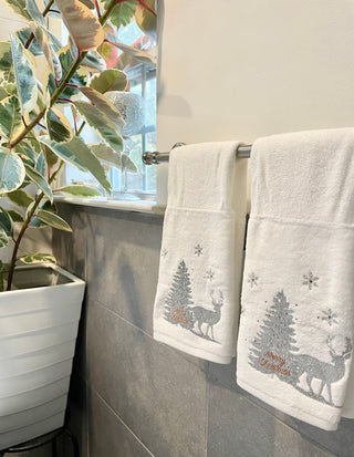 Set of 2 Christmas Glitter Embroidered White Hand Towels - DesignedBy The Boss