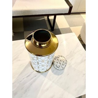 White and Gold Abstract Ceramic Jar with Lid - DesignedBy The Boss