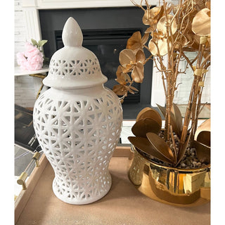 White Pierced Patterned Ceramic Ginger with Lid - DesignedBy The Boss